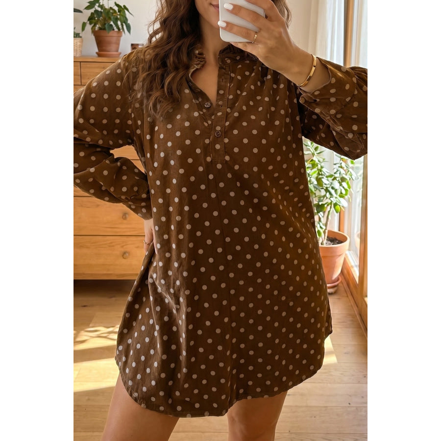 Brown Polka Dot V Neck Long Sleeve Button Shift Dress Brown / S Dresses/Mini Dresses