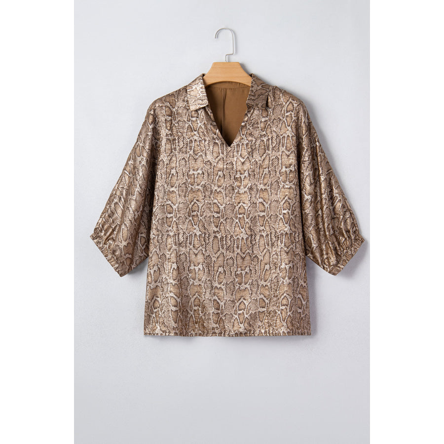 Brown Polo Collared V Neck Short Sleeve Metallic Leopard Blouse Tops/Blouses & Shirts
