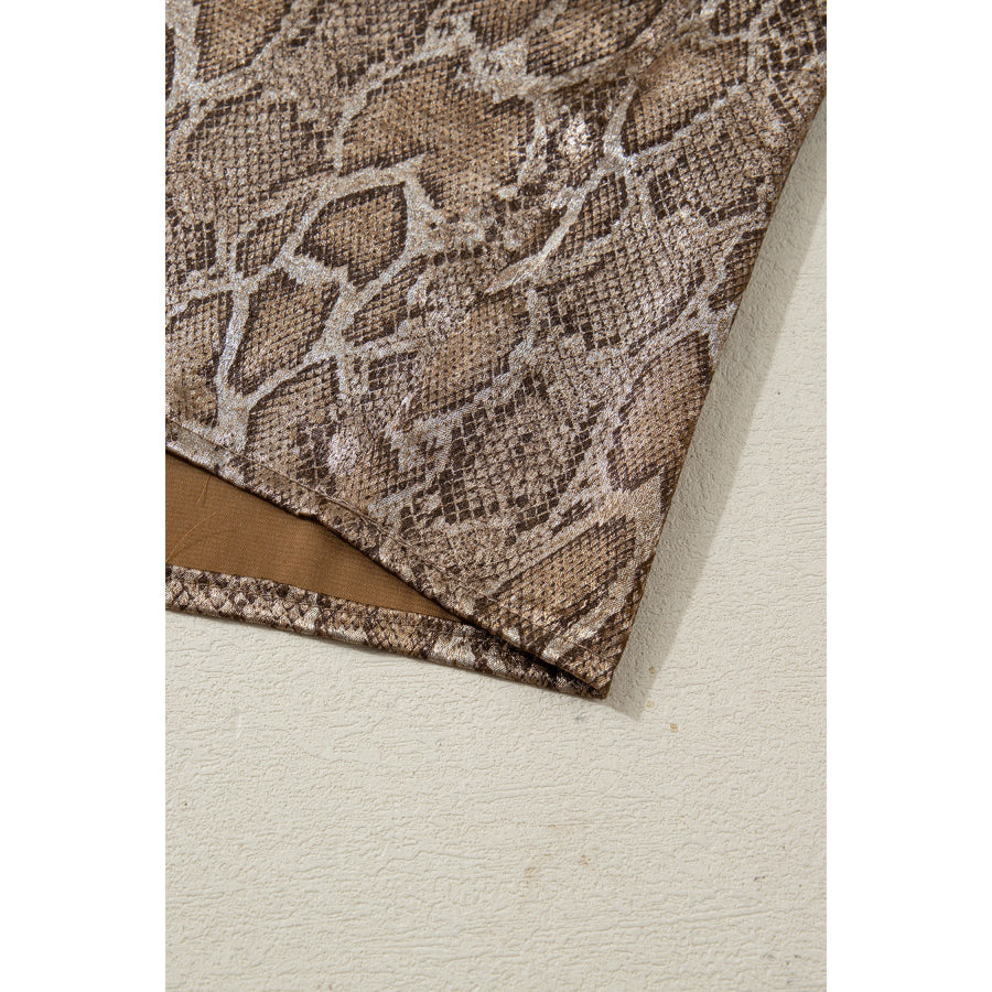 Brown Polo Collared V Neck Short Sleeve Metallic Leopard Blouse Tops/Blouses & Shirts