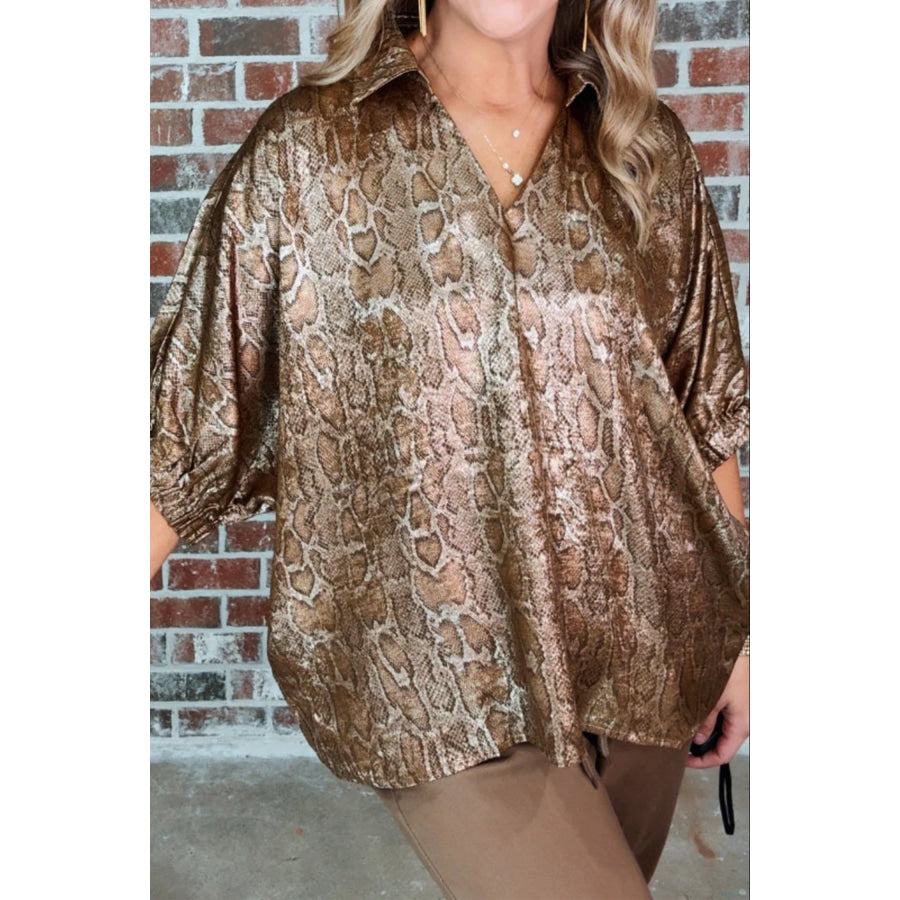 Brown Polo Collared V Neck Short Sleeve Metallic Leopard Blouse Tops/Blouses & Shirts
