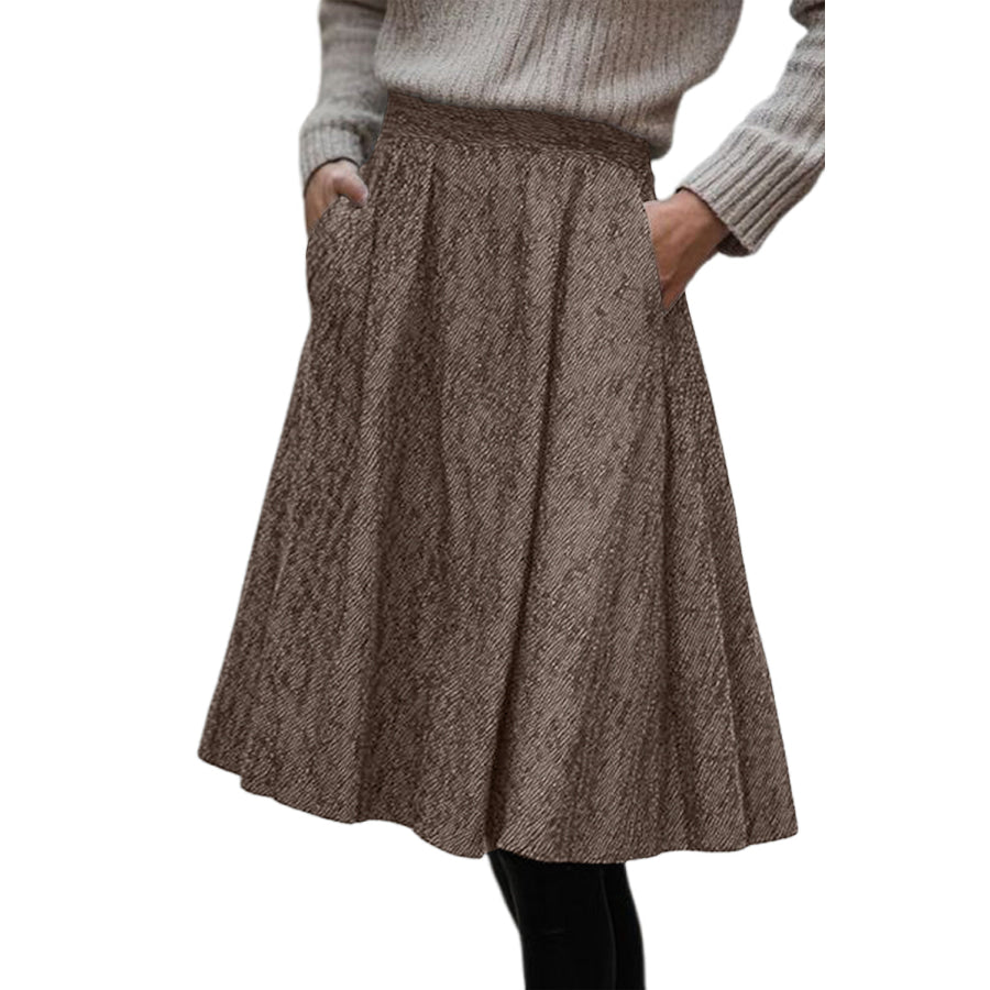 Brown Solid Color Textured Pleated Midi Skirt Bottoms/Skirts & Petticoat