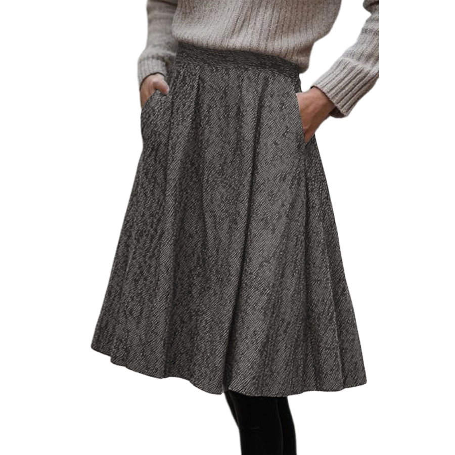 Brown Solid Color Textured Pleated Midi Skirt Bottoms/Skirts & Petticoat