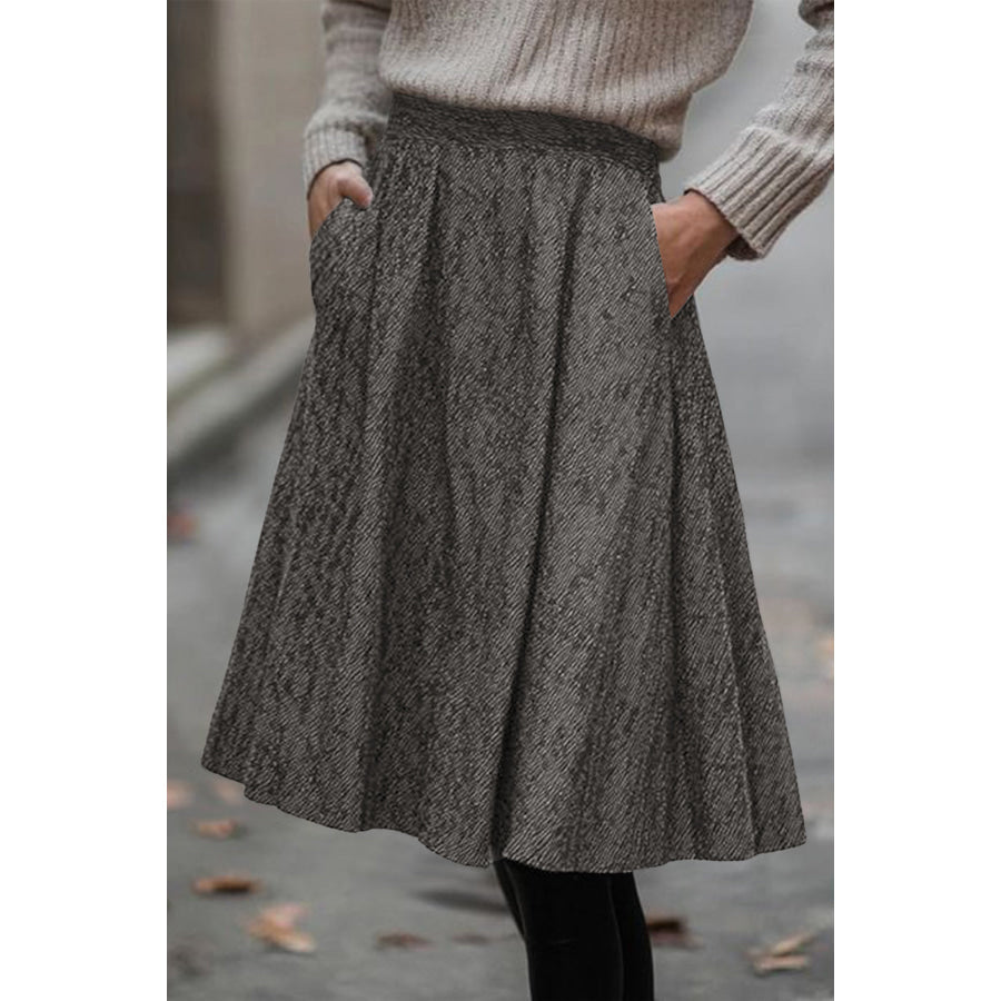 Brown Solid Color Textured Pleated Midi Skirt Dark Grey / S / 100% Polyester Bottoms/Skirts & Petticoat