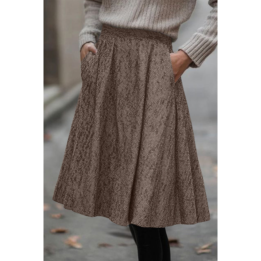 Brown Solid Color Textured Pleated Midi Skirt Brown / S / 100% Polyester Bottoms/Skirts & Petticoat