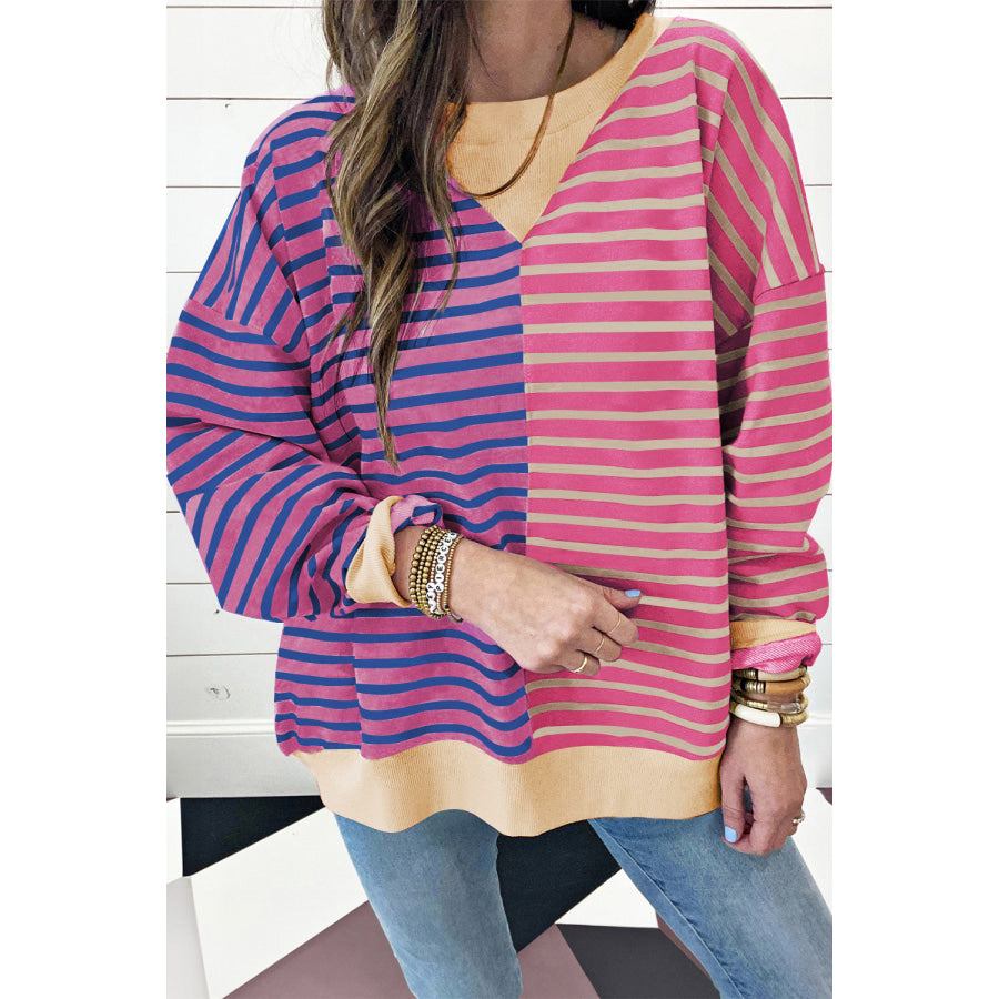 Brown Stripe Casual Colorblock Drop Shoulder Oversize Sweatshirt Pink / S / 95% Cotton + 5% Elastane Tops/Sweatshirts & Hoodies