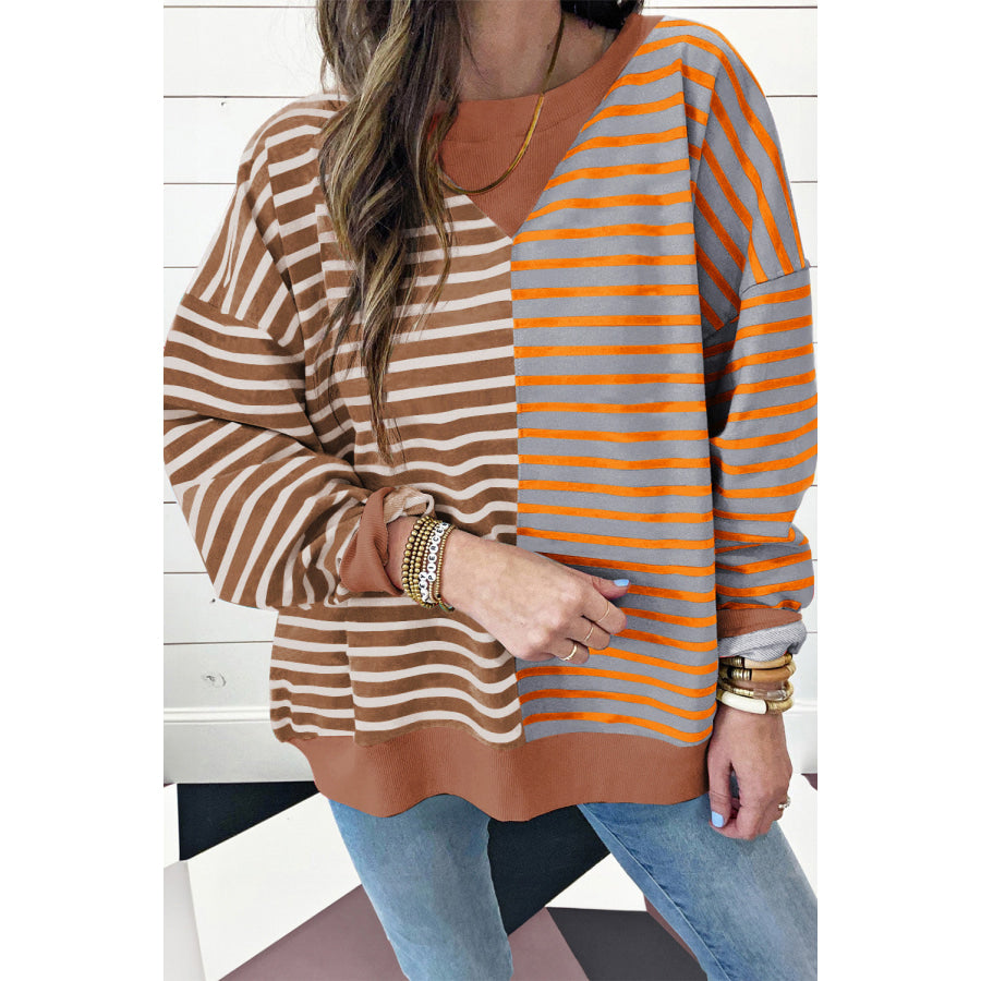 Brown Stripe Casual Colorblock Drop Shoulder Oversize Sweatshirt / S / 95% Cotton + 5% Elastane Tops/Sweatshirts & Hoodies