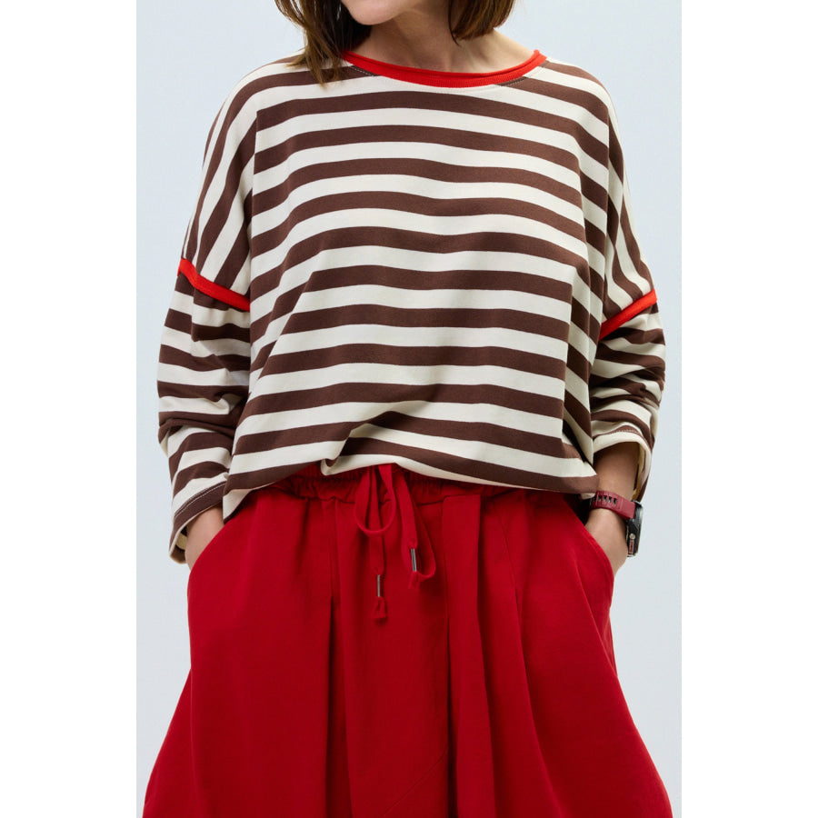 Brown Stripe Casual Long Sleeve Contrast Trim Round Neck Shift Top / S Tops/Long Tops