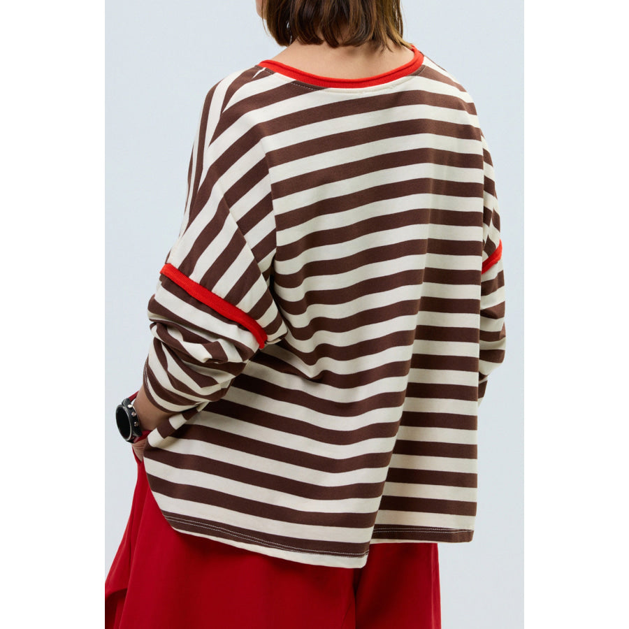 Brown Stripe Casual Long Sleeve Contrast Trim Round Neck Shift Top Tops/Long Tops
