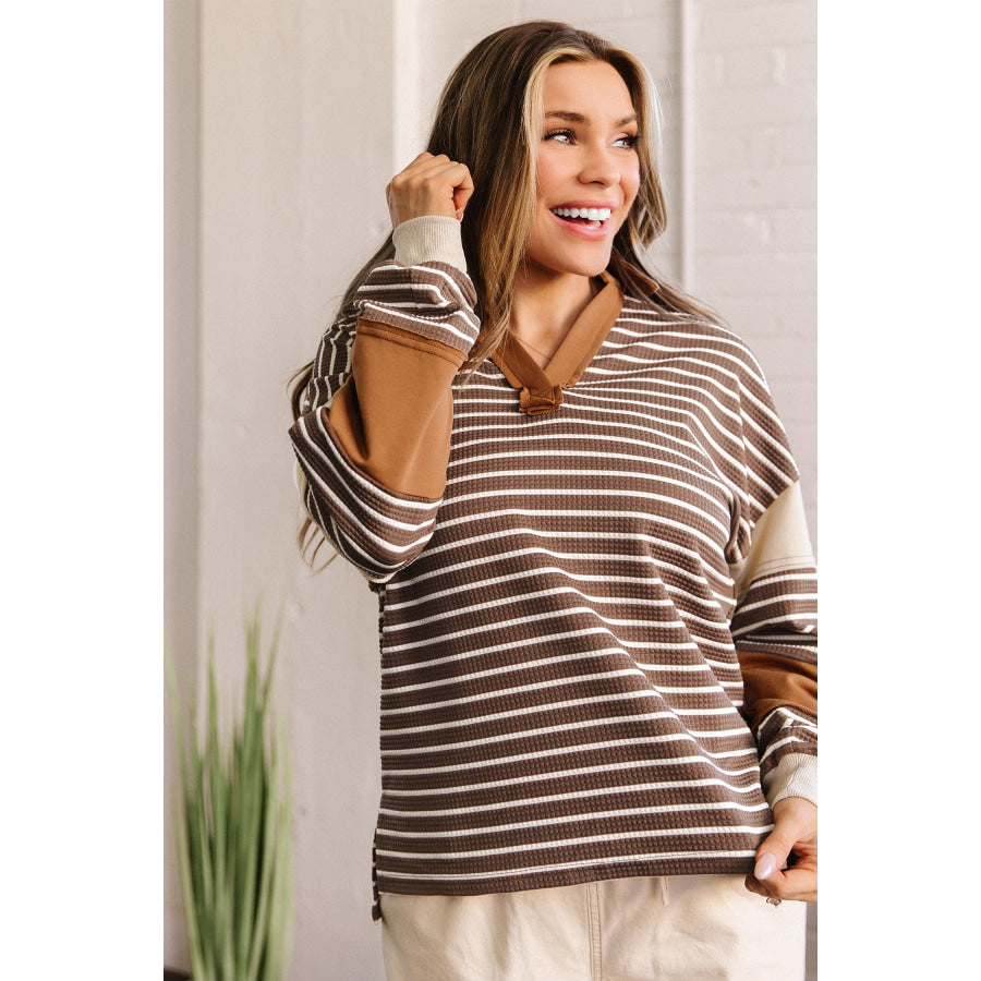 Brown Stripe Collar V Neck Color Block Detail Long Sleeve Pullover Top Tops/Long Sleeve Tops