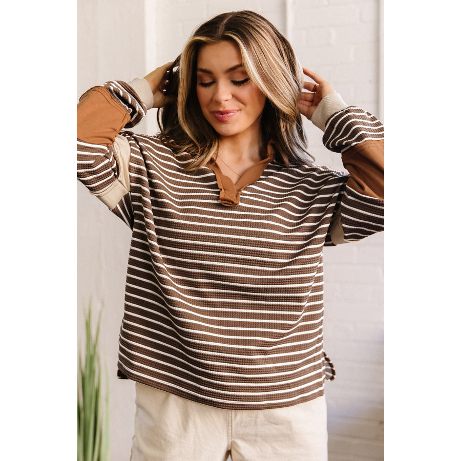 Brown Stripe Collar V Neck Color Block Detail Long Sleeve Pullover Top Tops/Long Sleeve Tops