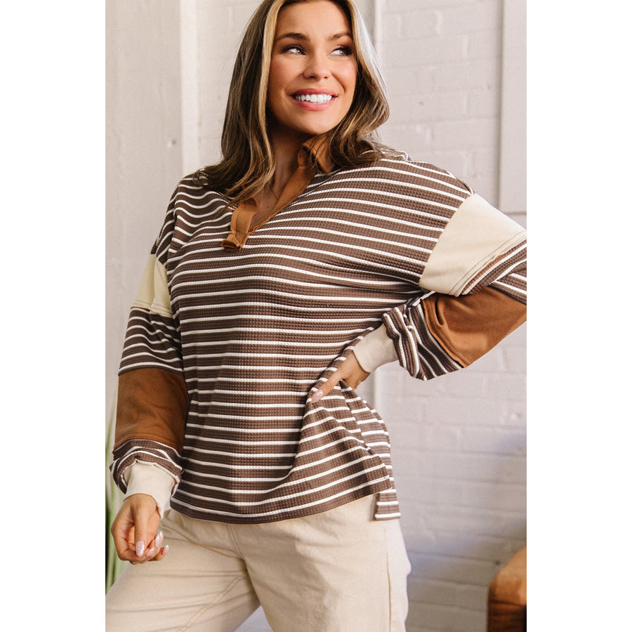 Brown Stripe Collar V Neck Color Block Detail Long Sleeve Pullover Top Tops/Long Sleeve Tops