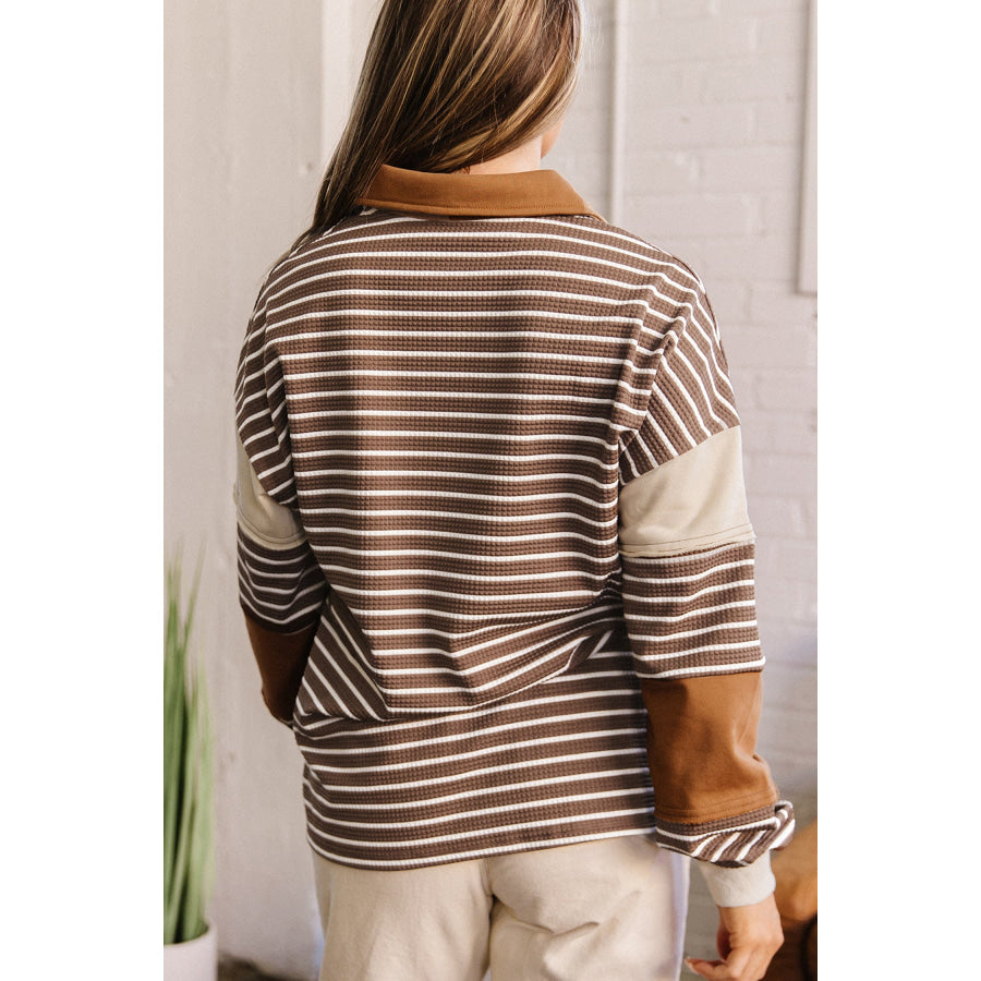 Brown Stripe Collar V Neck Color Block Detail Long Sleeve Pullover Top Tops/Long Sleeve Tops