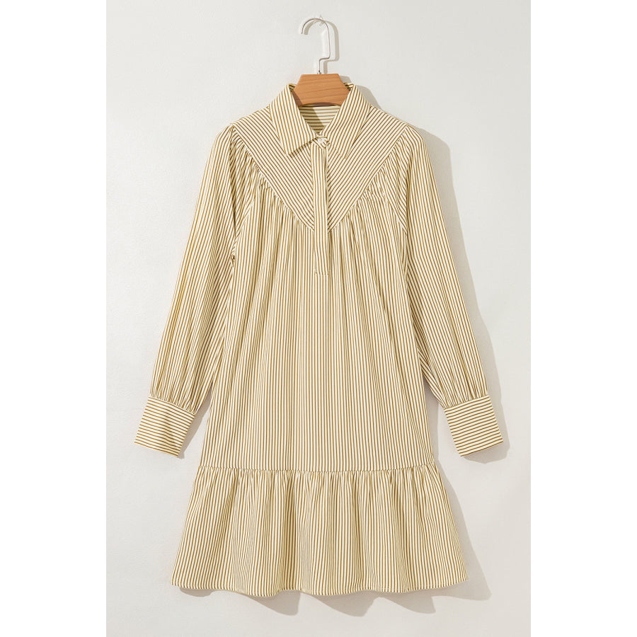 Brown Stripe Collared Neck Cuffed Long Sleeve Drop Waist Mini Dress Dresses/Mini Dresses