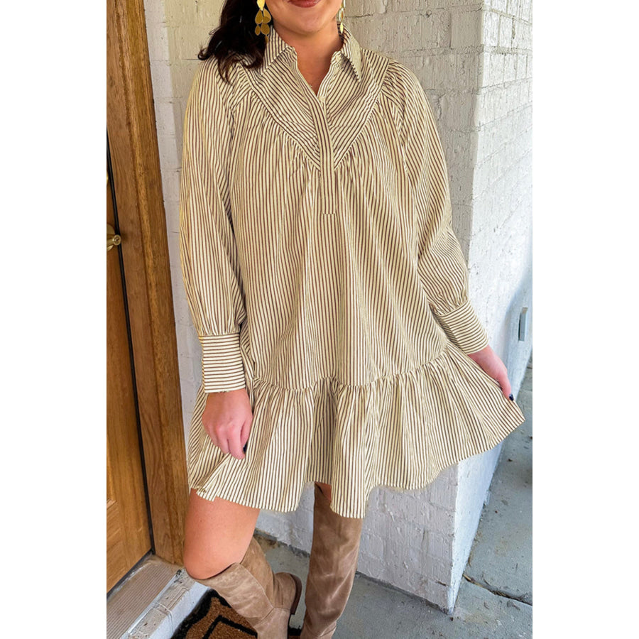 Brown Stripe Collared Neck Cuffed Long Sleeve Drop Waist Mini Dress Dresses/Mini Dresses