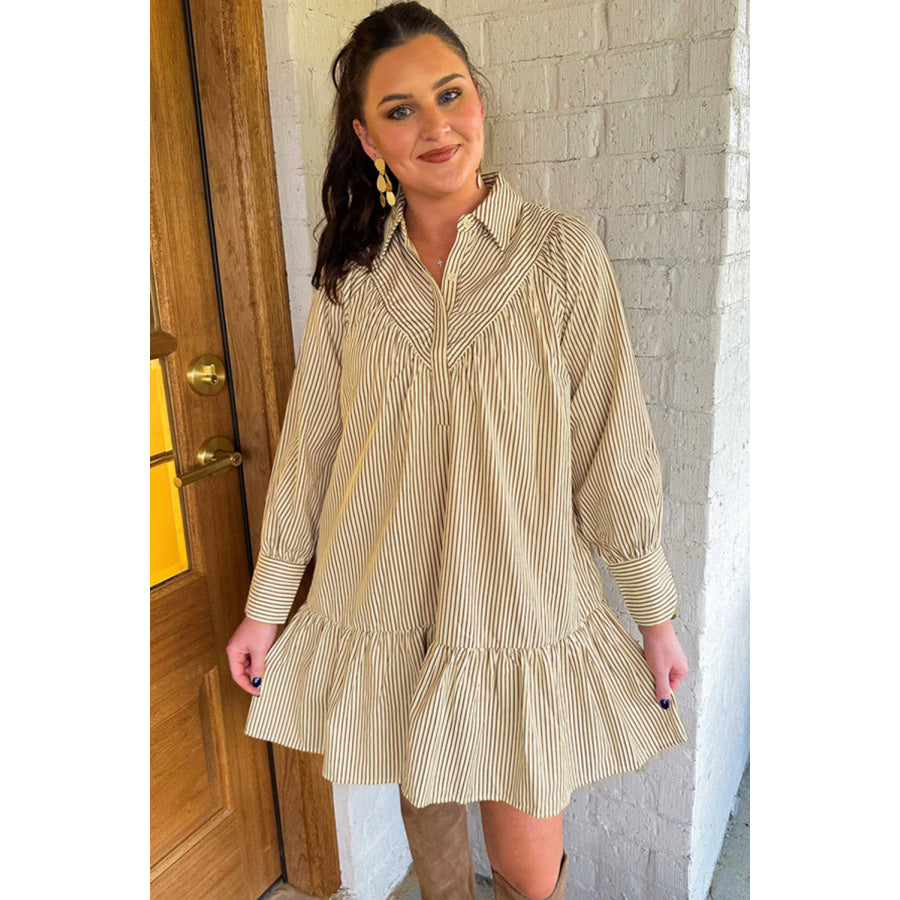 Brown Stripe Collared Neck Cuffed Long Sleeve Drop Waist Mini Dress Dresses/Mini Dresses