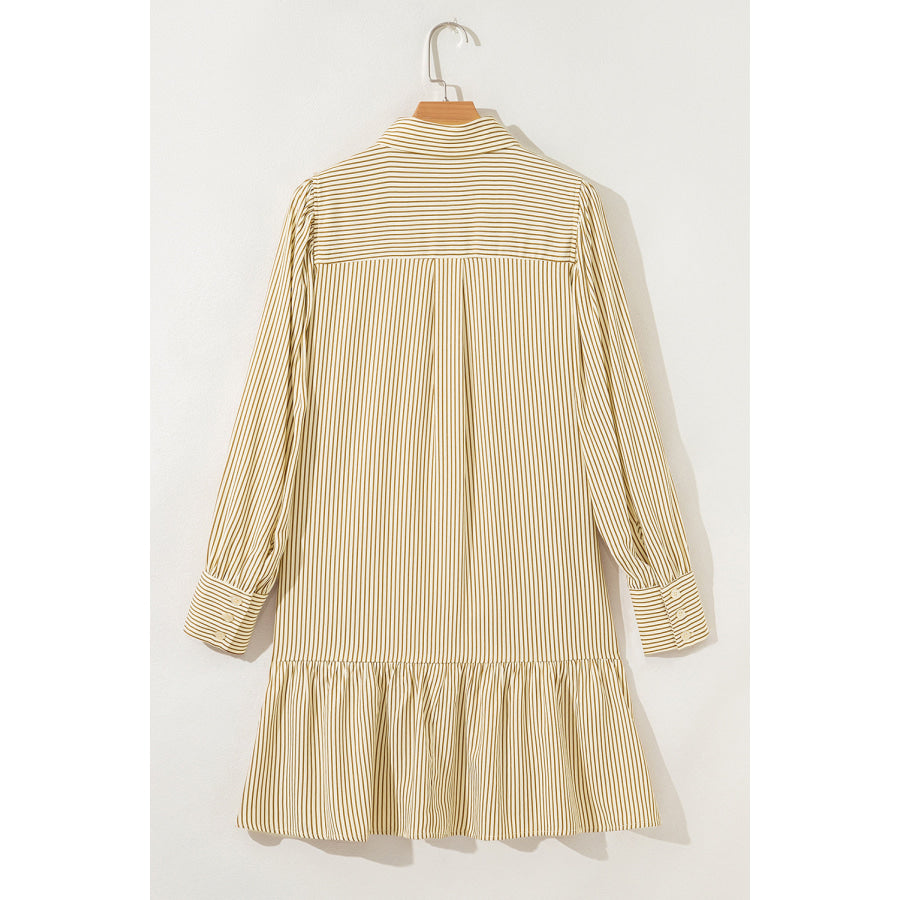 Brown Stripe Collared Neck Cuffed Long Sleeve Drop Waist Mini Dress Dresses/Mini Dresses