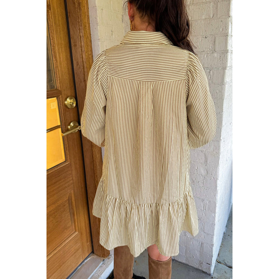 Brown Stripe Collared Neck Cuffed Long Sleeve Drop Waist Mini Dress Dresses/Mini Dresses