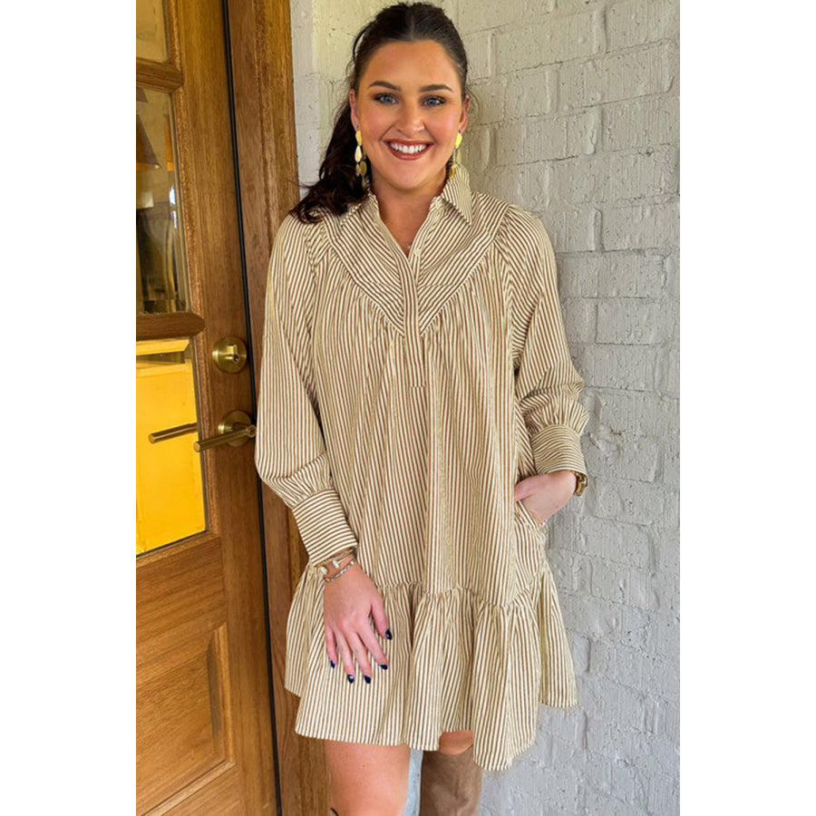 Brown Stripe Collared Neck Cuffed Long Sleeve Drop Waist Mini Dress Dresses/Mini Dresses
