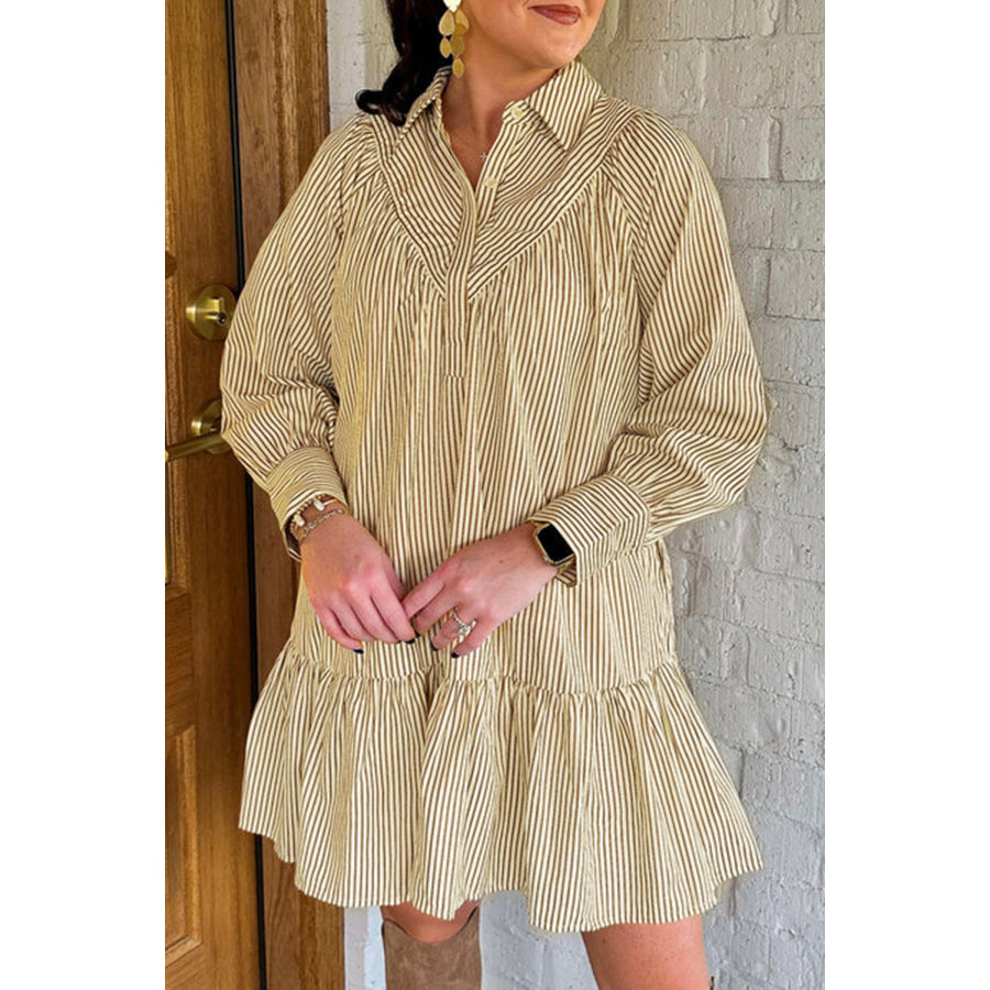 Brown Stripe Collared Neck Cuffed Long Sleeve Drop Waist Mini Dress Brown Stripe / S / 50% Polyester + 50% Cotton Dresses/Mini Dresses