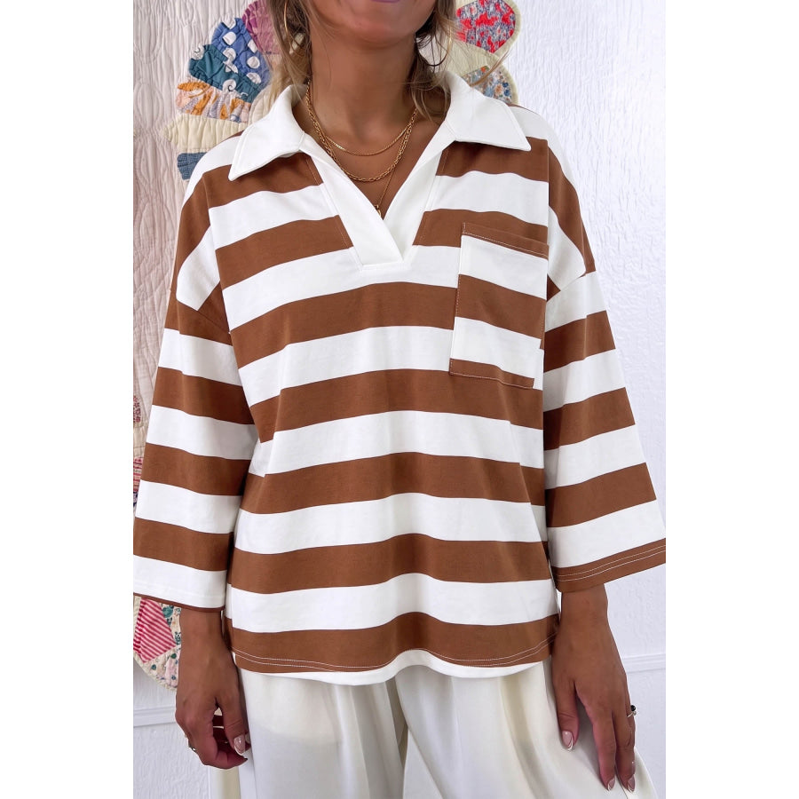 Brown Stripe Contrast Collar 3/4 Sleeve Oversized Casual Top / S Tops/Long Tops