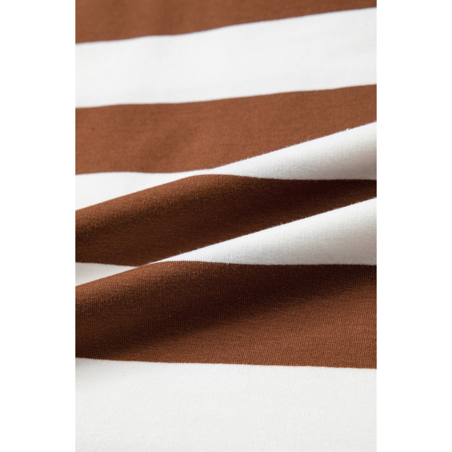Brown Stripe Contrast Collar 3/4 Sleeve Oversized Casual Top Tops/Long Tops