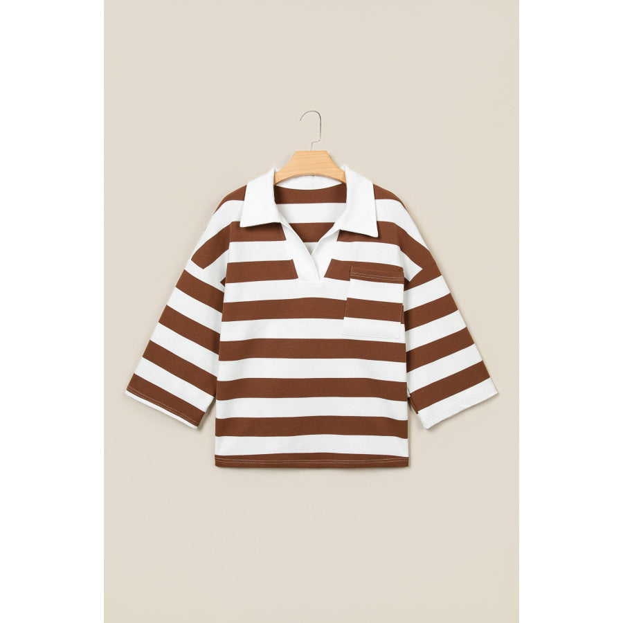 Brown Stripe Contrast Collar 3/4 Sleeve Oversized Casual Top Tops/Long Tops