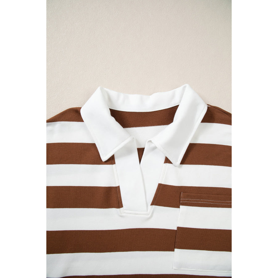 Brown Stripe Contrast Collar 3/4 Sleeve Oversized Casual Top Tops/Long Tops