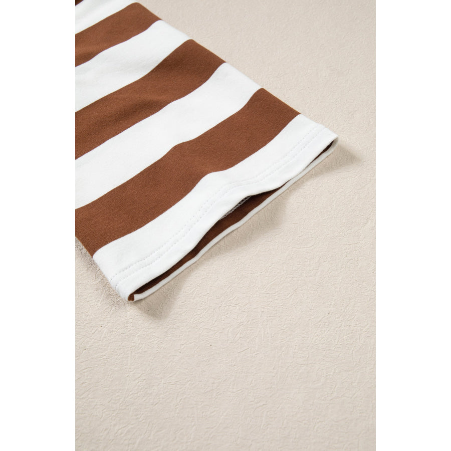 Brown Stripe Contrast Collar 3/4 Sleeve Oversized Casual Top Tops/Long Tops