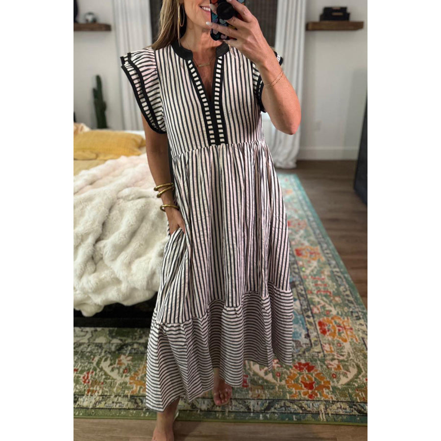 Brown Stripe Double Ruffled Short Sleeve Contrast Trim V Neck Midi Dress Black Stripe / S / 60% Polyester + 35% Cotton + 5% Elastane