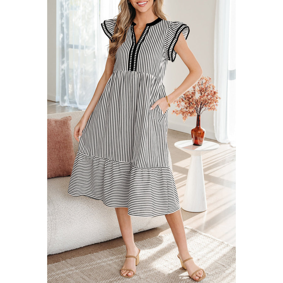 Brown Stripe Double Ruffled Short Sleeve Contrast Trim V Neck Midi Dress Dresses/Midi Dresses