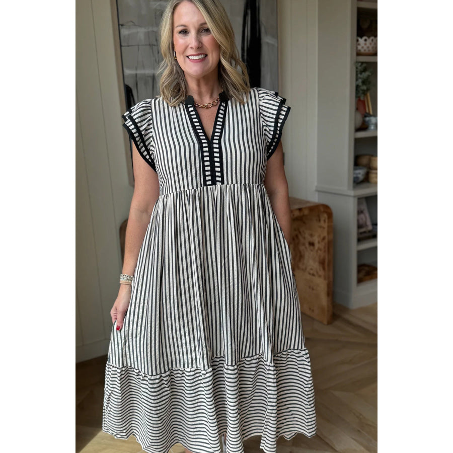 Brown Stripe Double Ruffled Short Sleeve Contrast Trim V Neck Midi Dress Dresses/Midi Dresses