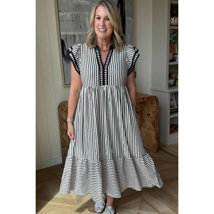 Brown Stripe Double Ruffled Short Sleeve Contrast Trim V Neck Midi Dress Dresses/Midi Dresses
