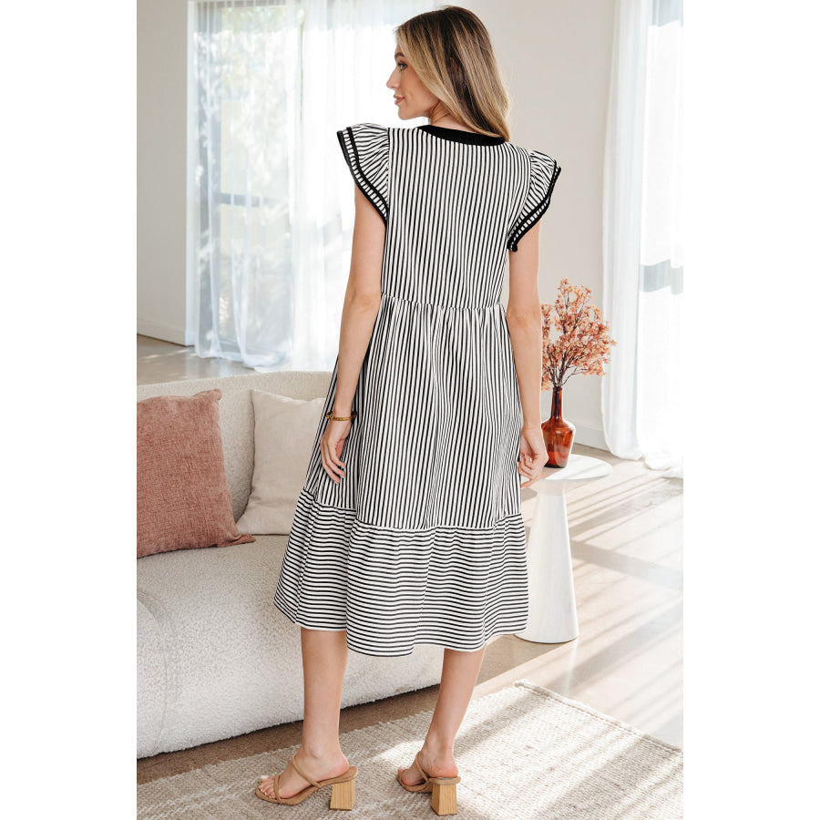 Brown Stripe Double Ruffled Short Sleeve Contrast Trim V Neck Midi Dress Dresses/Midi Dresses