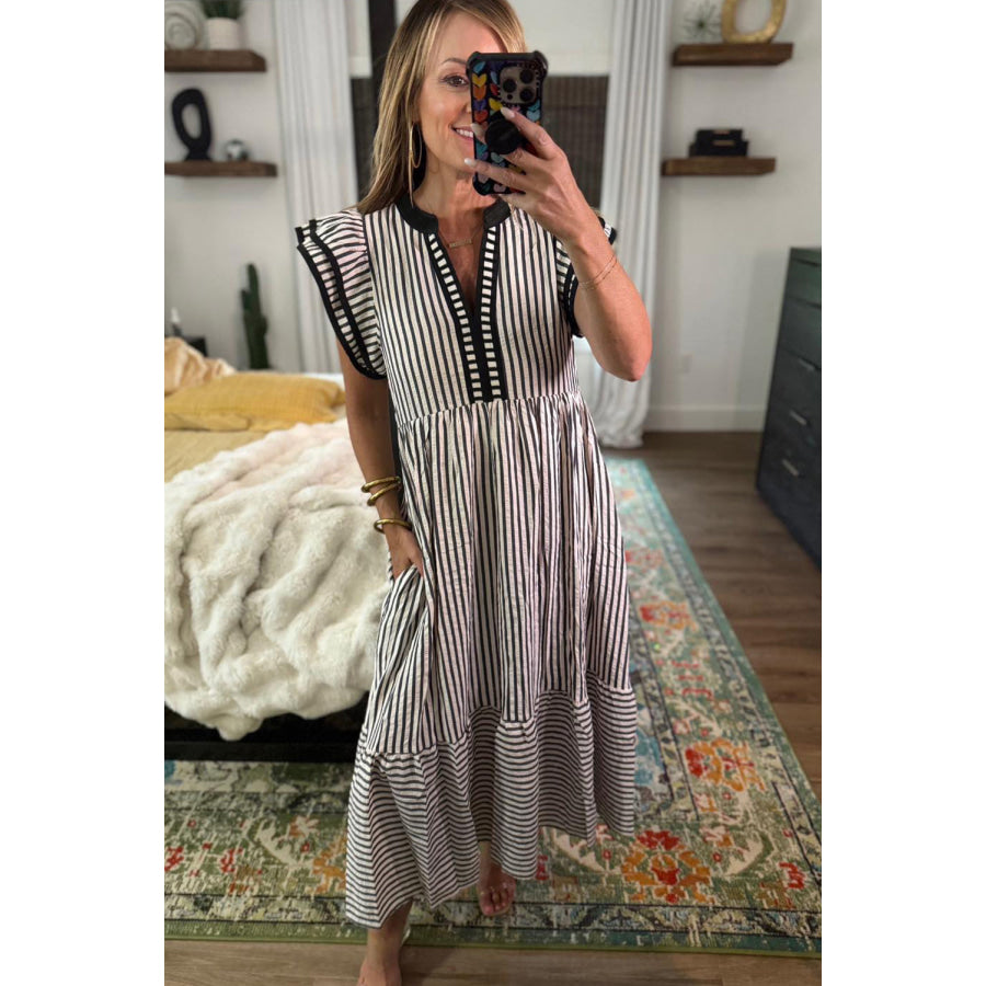 Brown Stripe Double Ruffled Short Sleeve Contrast Trim V Neck Midi Dress Dresses/Midi Dresses