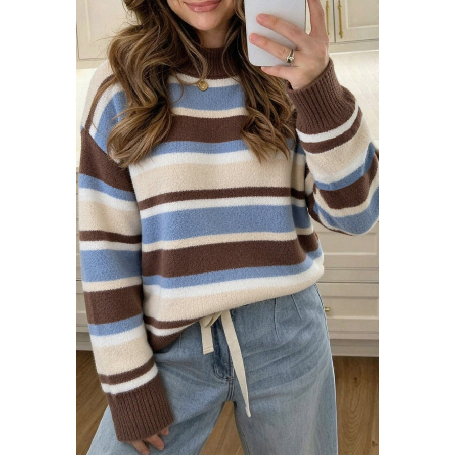 Brown Stripe Dropped Shoulder Loose Pullover Sweater / S / 100% Polyamide Sweaters & Cardigans/Sweaters