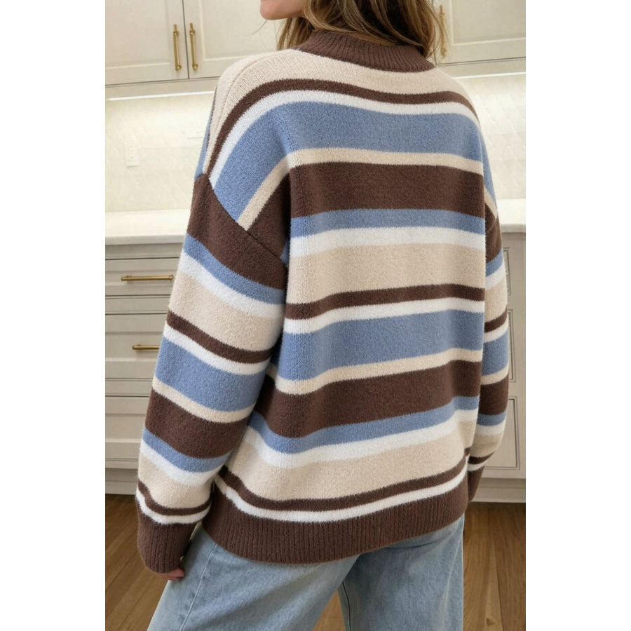 Brown Stripe Dropped Shoulder Loose Pullover Sweater / S / 100% Polyamide Sweaters & Cardigans/Sweaters