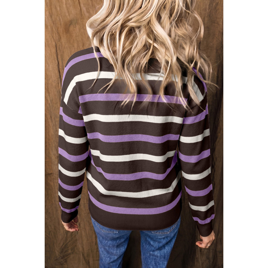 Brown Stripe Embroidered Detail Drop Shoulder Pullover Sweater Brown Stripe / S / 52% Viscose + 26% Polyester + 22% Polyamide Sweaters &