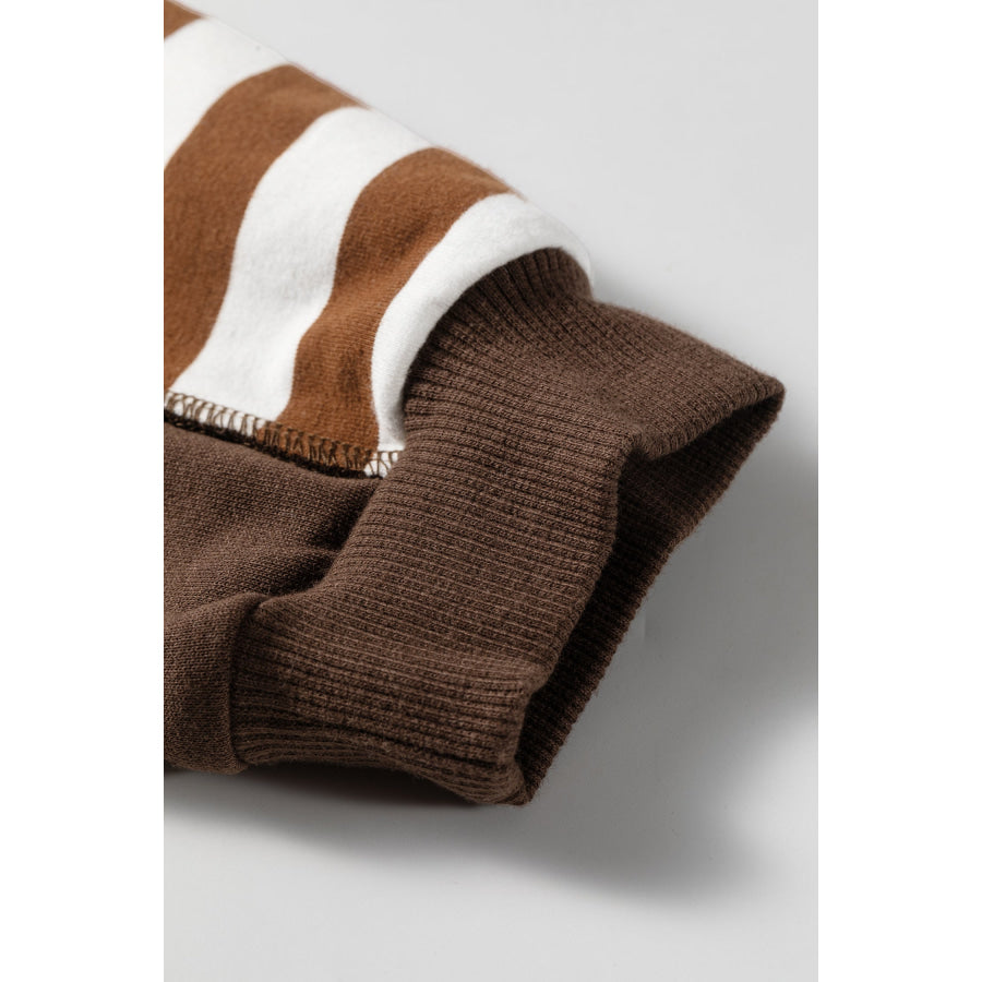 Brown Stripe Exposed Seam Color Block Patchwork Button Placket Sweatshirt Tops/Sweatshirts & Hoodies