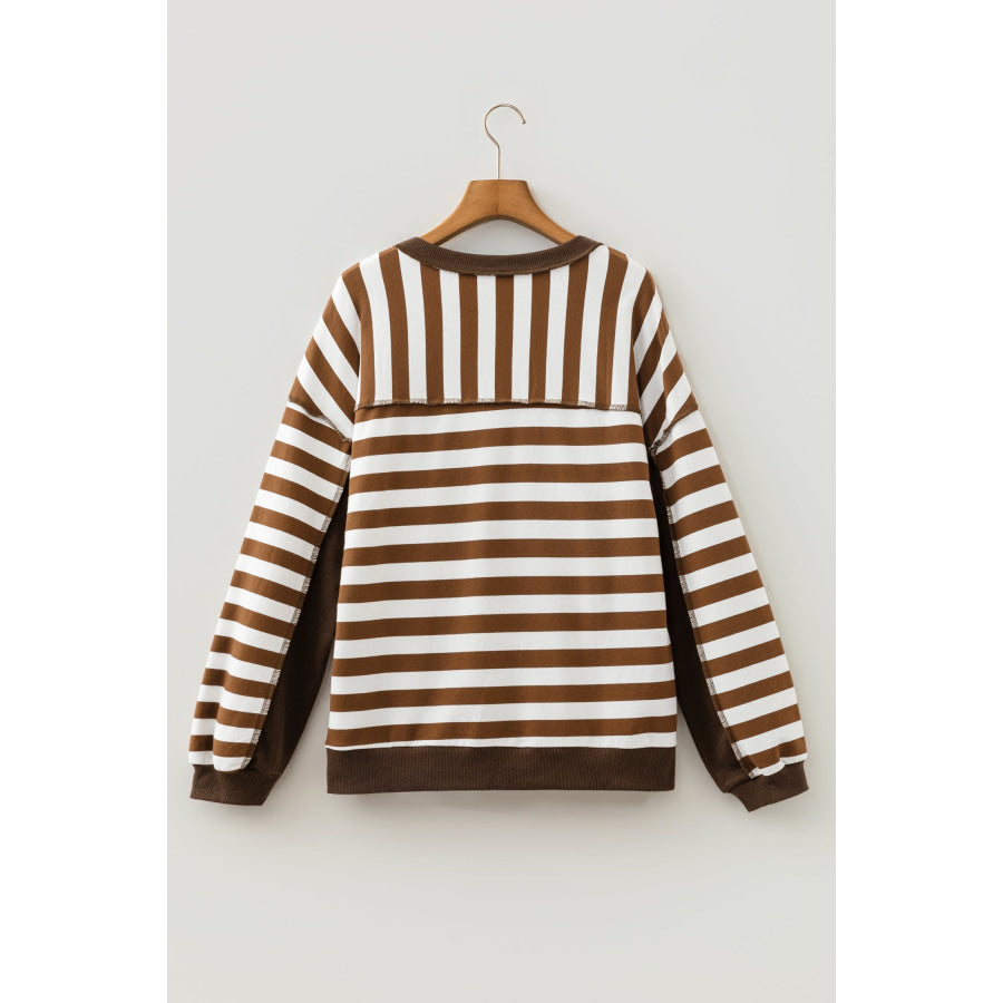 Brown Stripe Exposed Seam Color Block Patchwork Button Placket Sweatshirt Tops/Sweatshirts & Hoodies