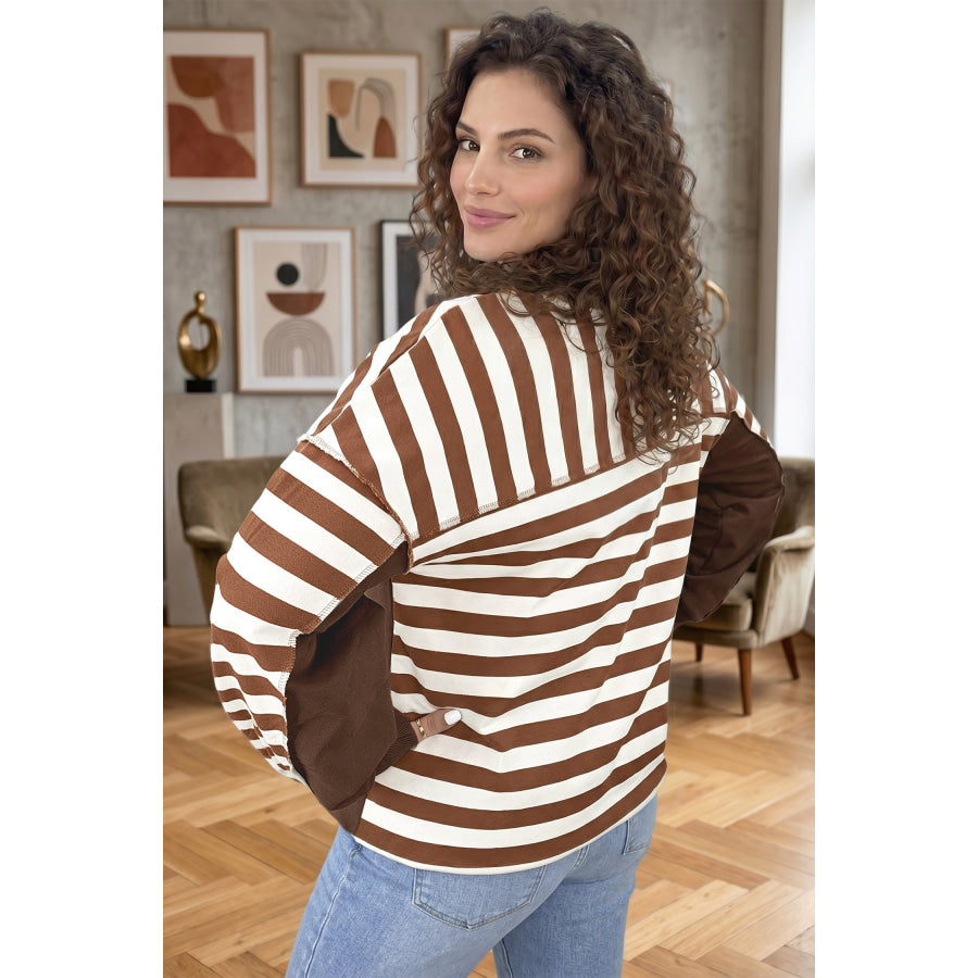 Brown Stripe Exposed Seam Color Block Patchwork Button Placket Sweatshirt Tops/Sweatshirts & Hoodies