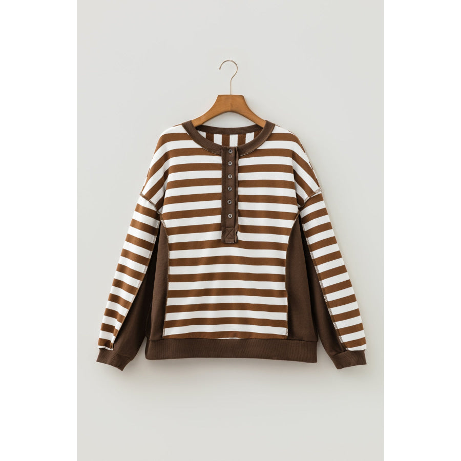 Brown Stripe Exposed Seam Color Block Patchwork Button Placket Sweatshirt Tops/Sweatshirts & Hoodies