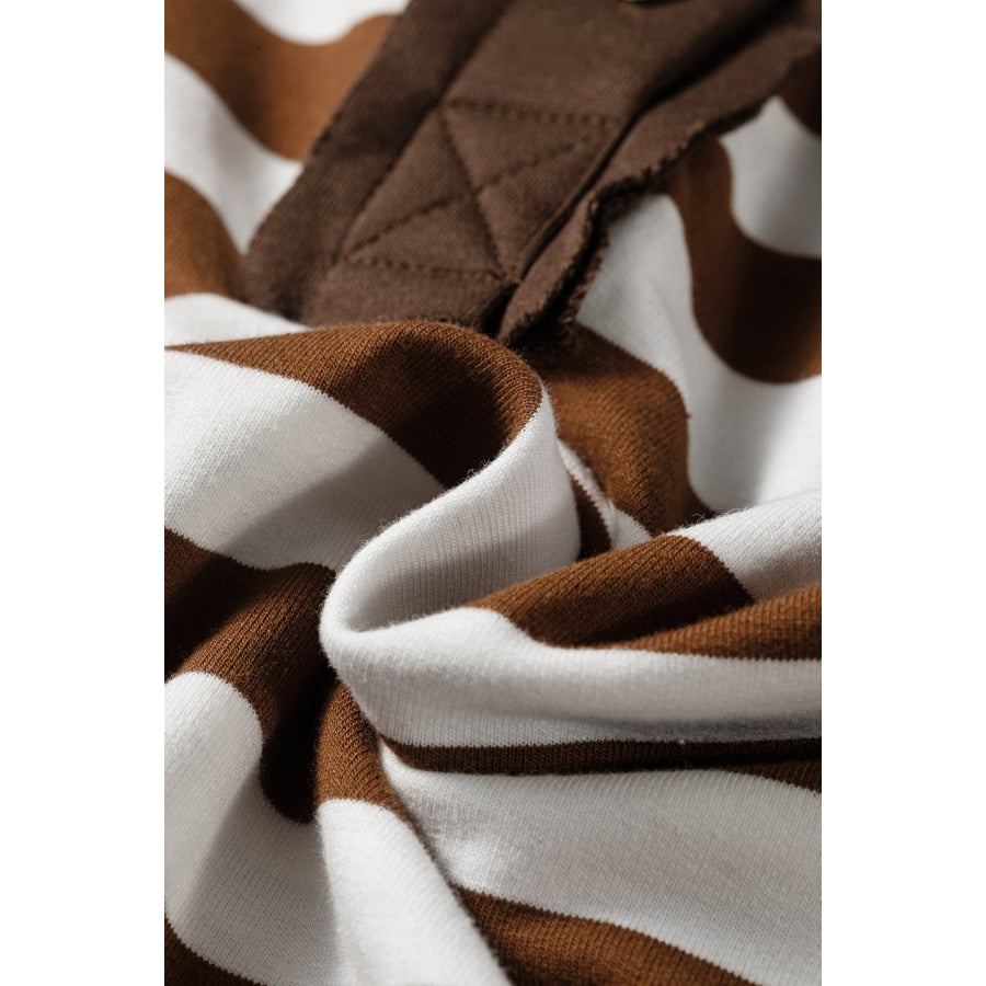Brown Stripe Exposed Seam Color Block Patchwork Button Placket Sweatshirt Tops/Sweatshirts & Hoodies