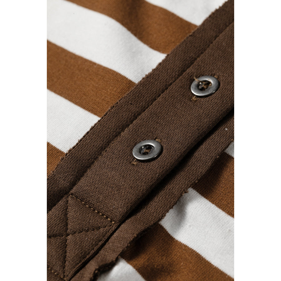 Brown Stripe Exposed Seam Color Block Patchwork Button Placket Sweatshirt Tops/Sweatshirts & Hoodies