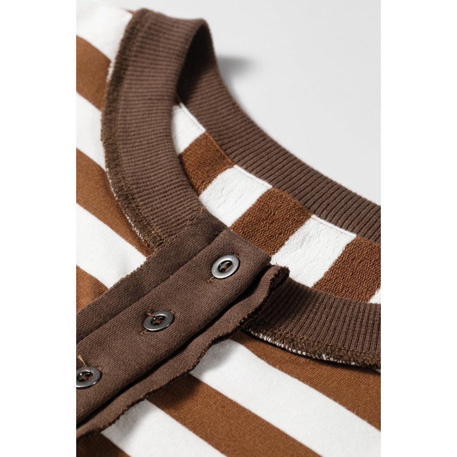 Brown Stripe Exposed Seam Color Block Patchwork Button Placket Sweatshirt Tops/Sweatshirts & Hoodies