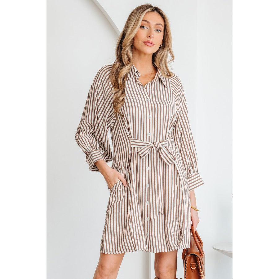 Brown Stripe Knot Waist Puff Sleeve Button Down Mini Shirt Dress Dresses/Mini Dresses