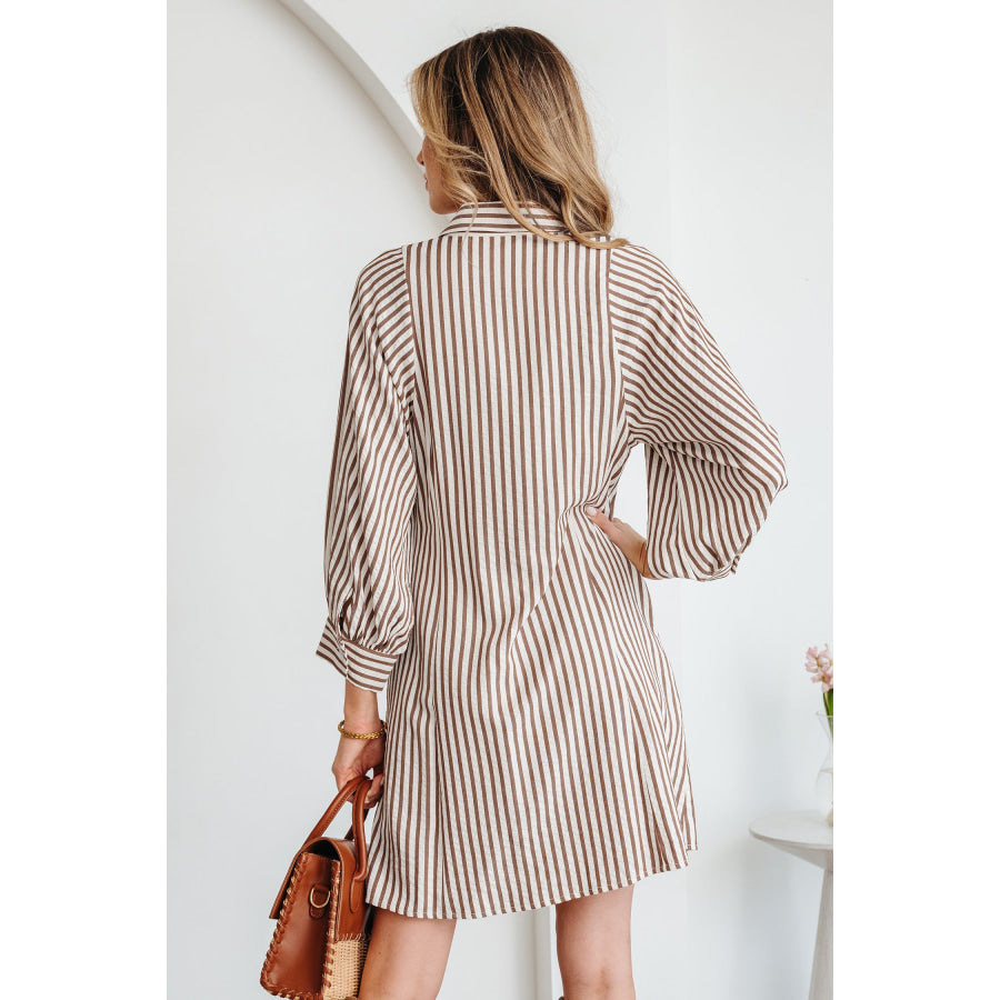 Brown Stripe Knot Waist Puff Sleeve Button Down Mini Shirt Dress Dresses/Mini Dresses