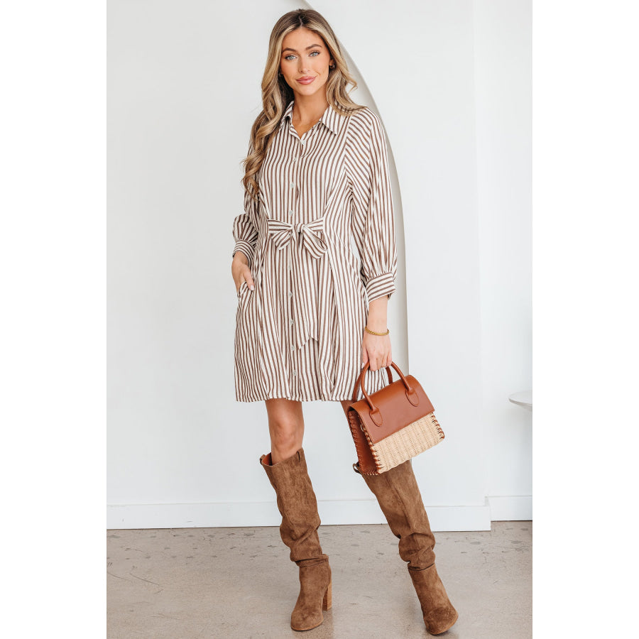 Brown Stripe Knot Waist Puff Sleeve Button Down Mini Shirt Dress Dresses/Mini Dresses