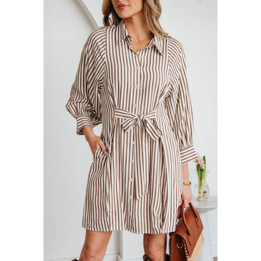 Brown Stripe Knot Waist Puff Sleeve Button Down Mini Shirt Dress Dresses/Mini Dresses
