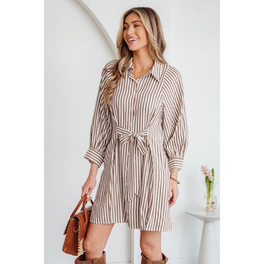 Brown Stripe Knot Waist Puff Sleeve Button Down Mini Shirt Dress Dresses/Mini Dresses