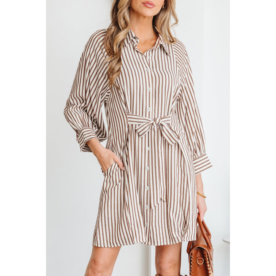 Brown Stripe Knot Waist Puff Sleeve Button Down Mini Shirt Dress Dresses/Mini Dresses